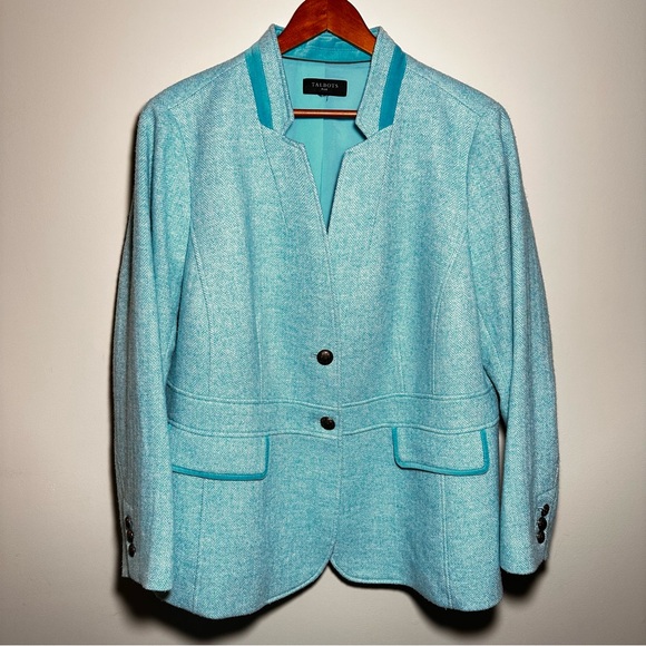 Talbots Plus Size 20W Aqua Blue Herringbone Wool Blend Blazer - Picture 1 of 14